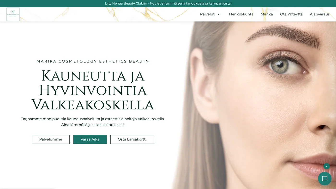 Marika Cosmetology, kauneushoitolan verkkosivusto Valkeakoskelta